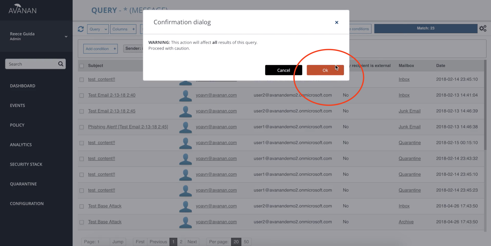 confirm the quarantine in Office 365